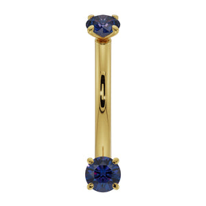 14K yellow gold blue sapphire prong-set curved barbell, front view with dual round sapphire ends