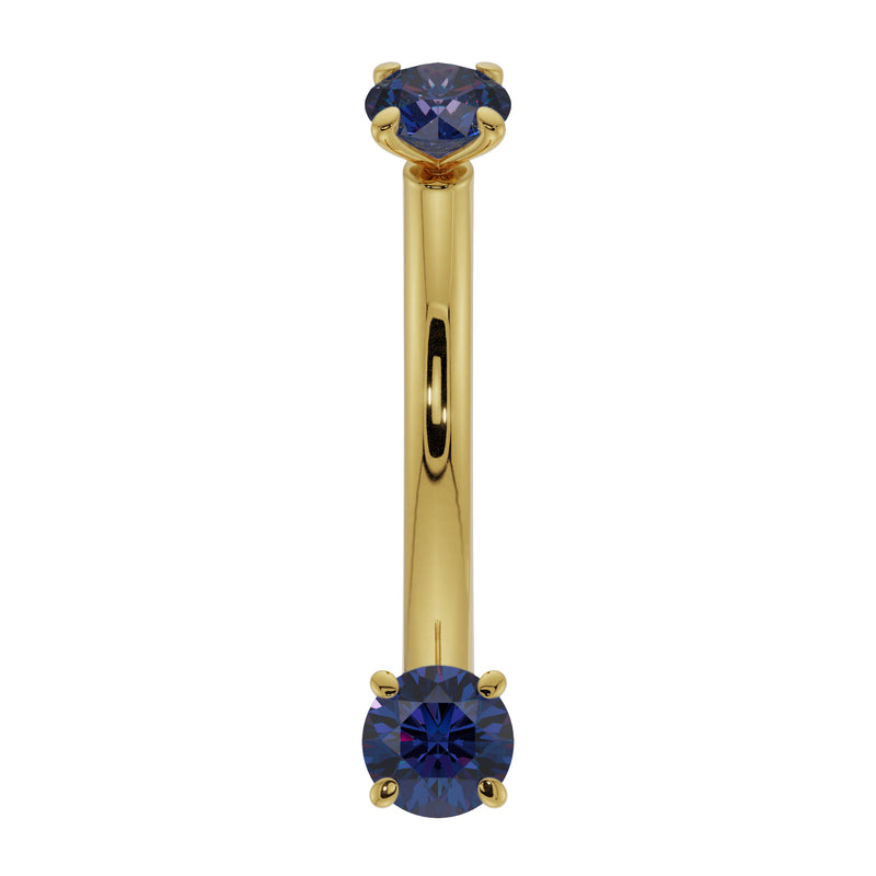 14K yellow gold blue sapphire prong-set curved barbell, front view with dual round sapphire ends