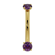 14K yellow gold amethyst prong-set curved barbell, straight-on front view showing dual purple gems