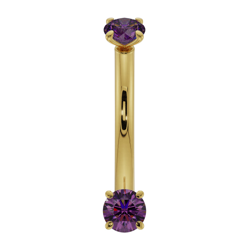 14K yellow gold amethyst prong-set curved barbell, straight-on front view showing dual purple gems