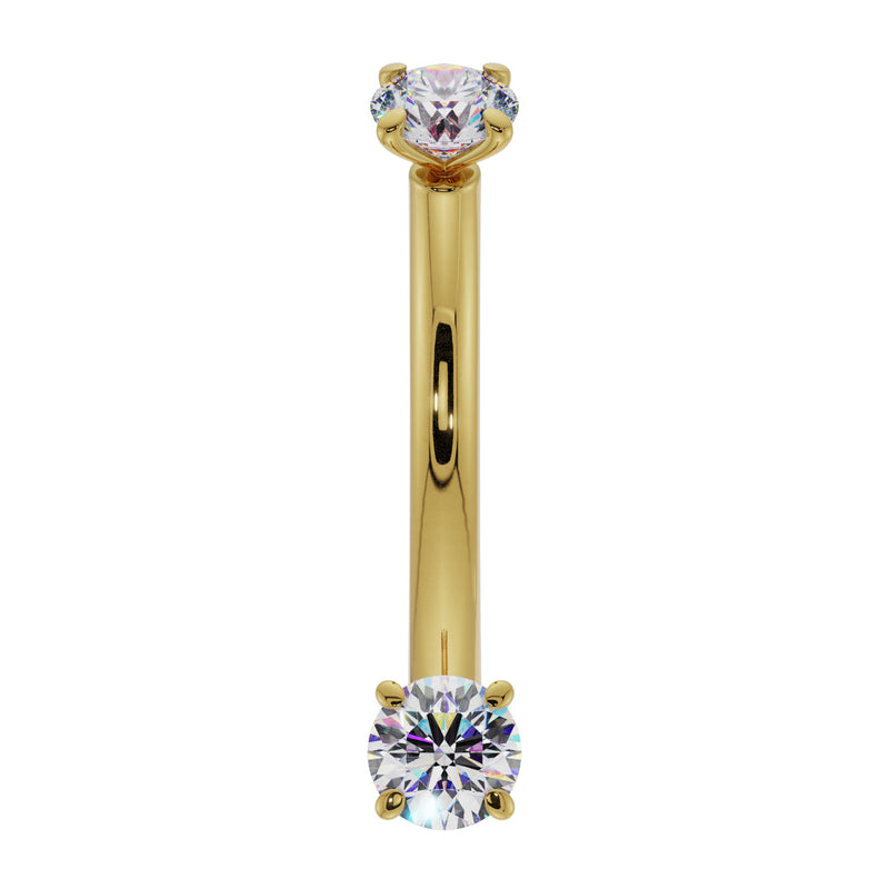 14k yellow gold CZ prong-set curved barbell, front view showing dual round CZ ends and polished bar