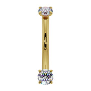 14k yellow gold diamond prong-set curved barbell, front view showing dual round diamonds on straight bar
