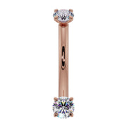 14k rose gold diamond prong-set curved barbell, front view with round brilliant-cut diamonds