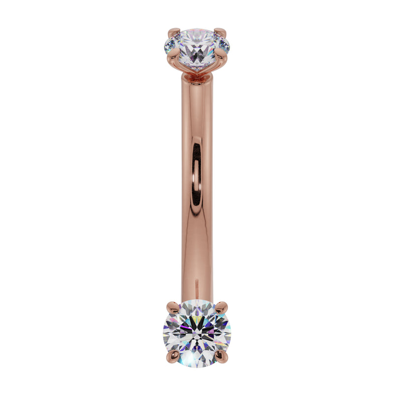14k rose gold diamond prong-set curved barbell, front view with round brilliant-cut diamonds