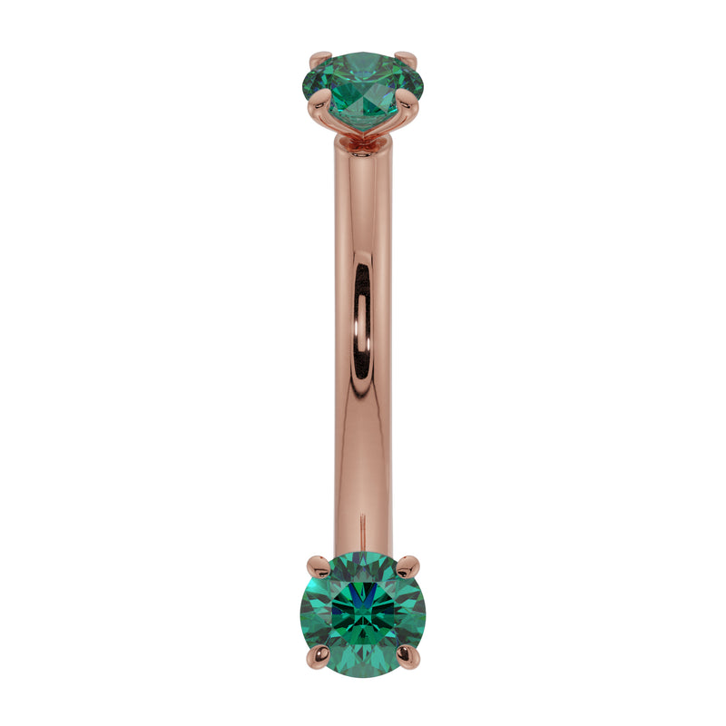 14K rose gold dainty emerald curved barbell with dual prong-set round emeralds, front view