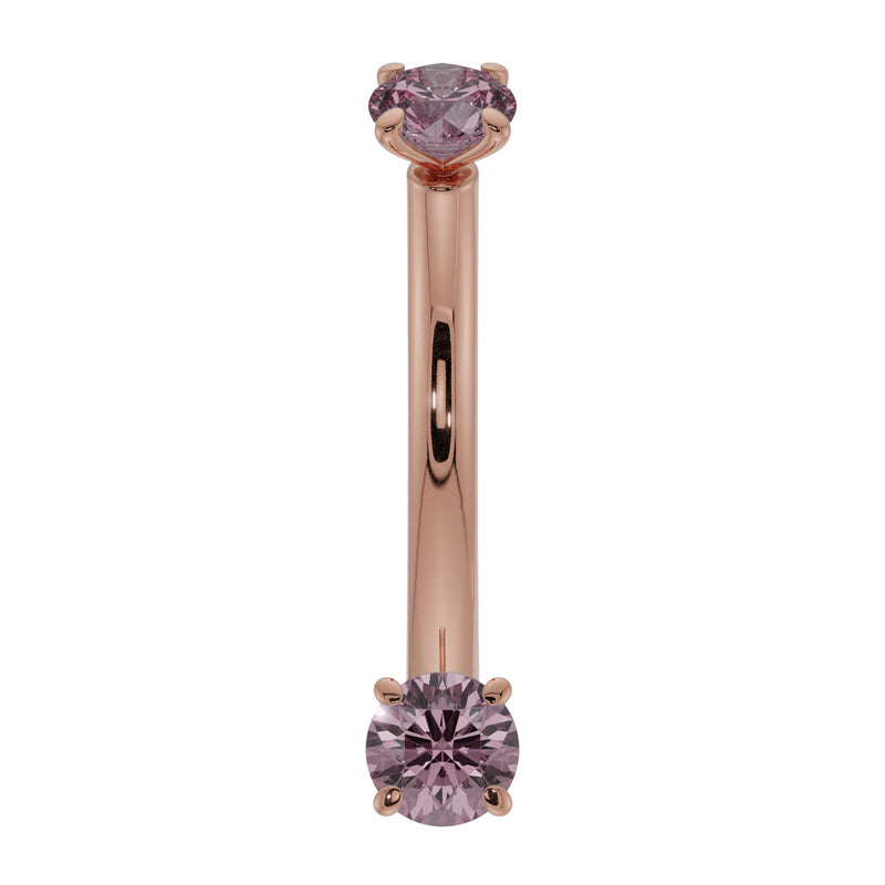 14k rose gold pink sapphire prong-set curved barbell, front view with warm pink-gold bar