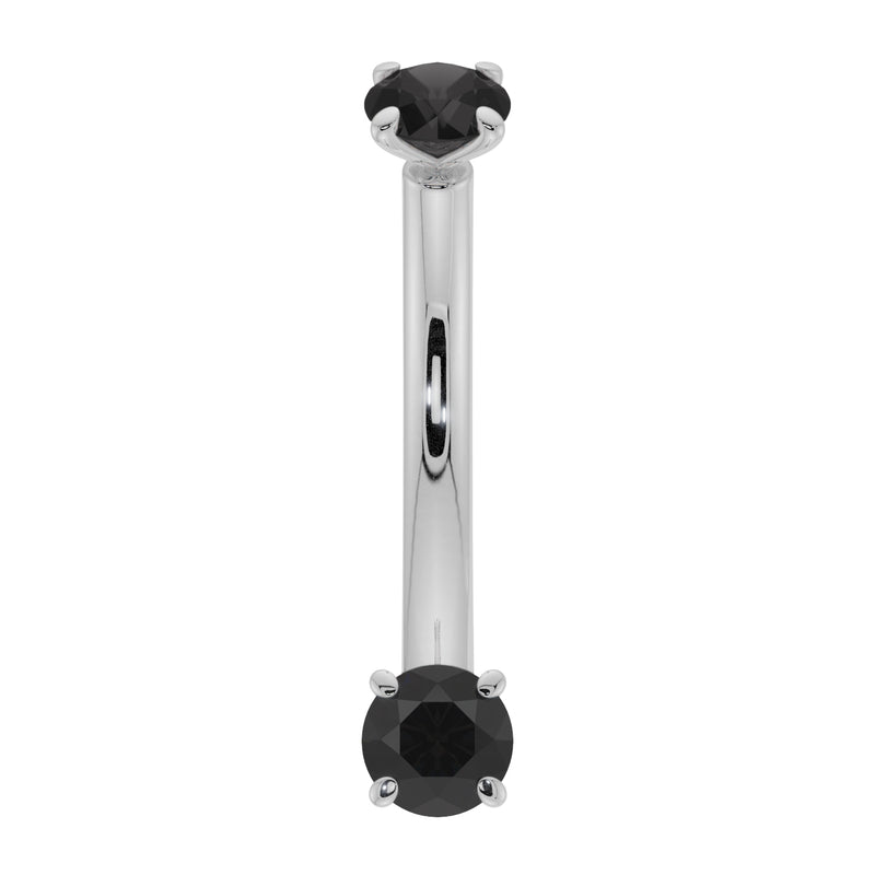 14k white gold black diamond prong-set curved barbell, front view with cool silver-toned shaft