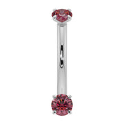 14k white gold ruby prong-set curved barbell with dual red rubies, front view