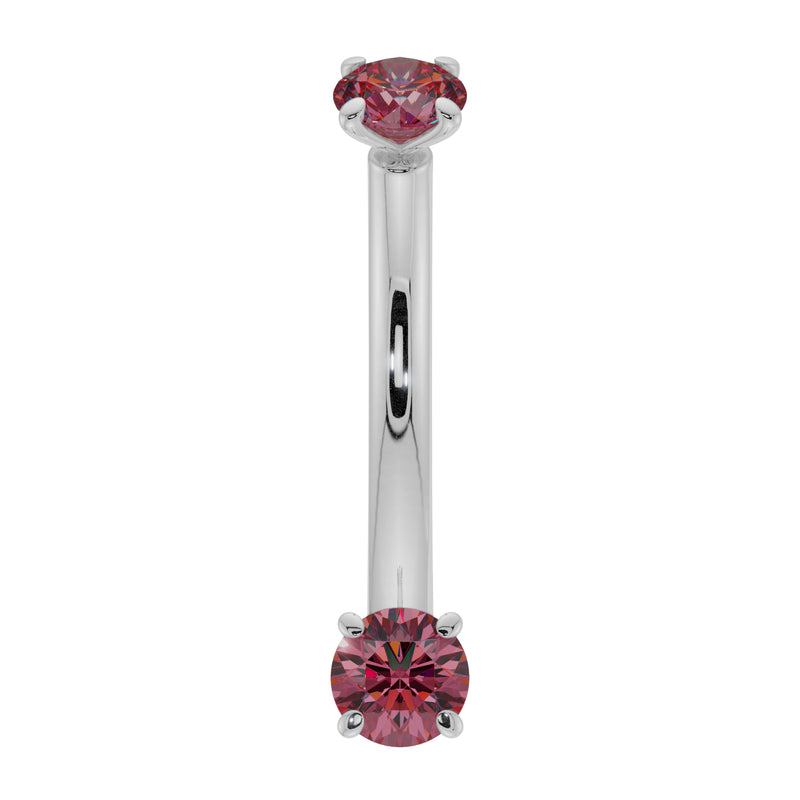 14k white gold ruby prong-set curved barbell with dual red rubies, front view
