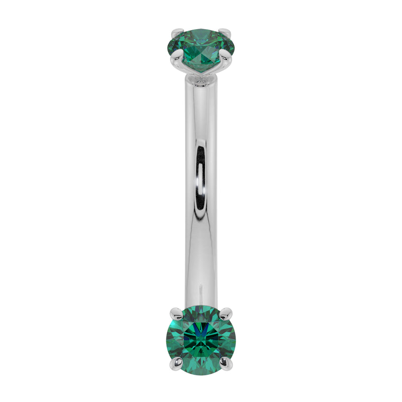 14K white gold dainty emerald curved barbell with dual prong-set round emeralds, front view