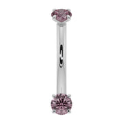14k white gold pink sapphire prong-set curved barbell, front view showing silver-tone bar