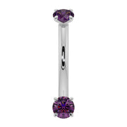 14K white gold amethyst curved barbell with dual prong-set purple stones, front view