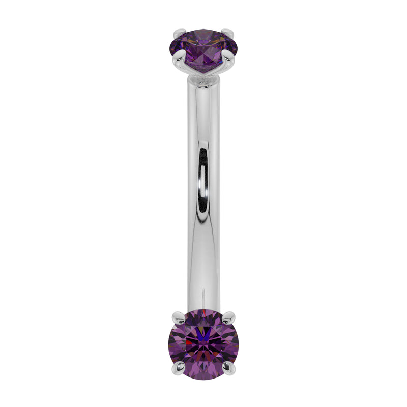 14K white gold amethyst curved barbell with dual prong-set purple stones, front view