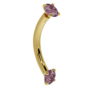 14k yellow gold pink sapphire prong-set curved barbell, angled side view showing curve
