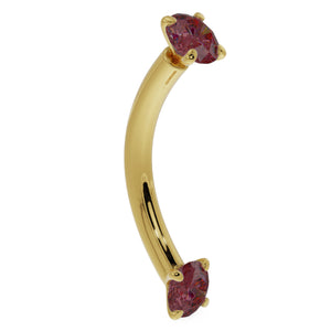 14k yellow gold ruby prong-set curved barbell, angled side view showing dual ruby ends