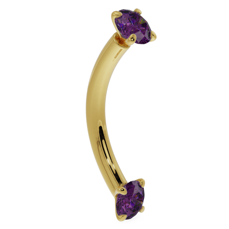 14K yellow gold amethyst curved barbell with dual prong-set purple stones, angled side view