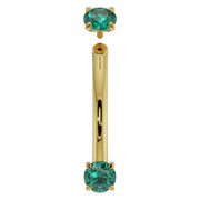 14K yellow gold emerald curved barbell disassembled, showing threaded post and removable top ball