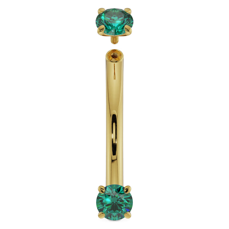 14K yellow gold emerald curved barbell disassembled, showing threaded post and removable top ball