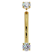 14k yellow gold 16G curved barbell with top ball removed showing threaded post and prong-set diamonds