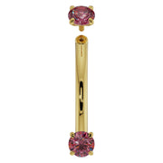 14k yellow gold ruby curved barbell with threaded top ball removed, showing screw post detail