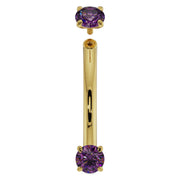 14K yellow gold amethyst curved barbell with top ball detached, showing threaded assembly
