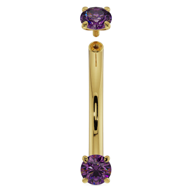 14K yellow gold amethyst curved barbell with top ball detached, showing threaded assembly