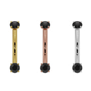 Black diamond curved barbell shown in all three 14k gold options: yellow, rose, and white gold