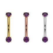 Amethyst prong-set curved barbell side-by-side in 14K yellow gold, rose gold, and white gold