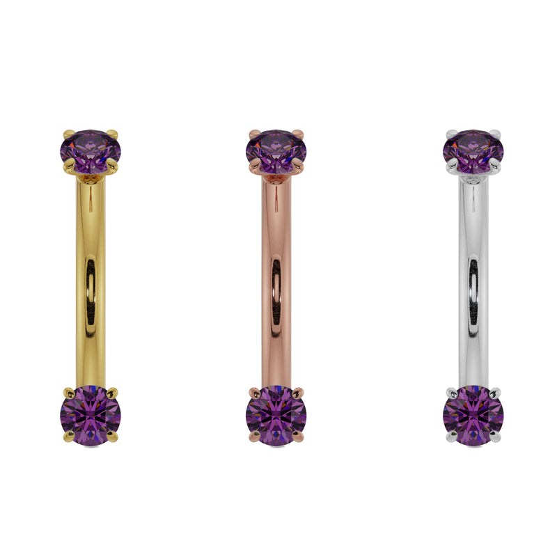 Amethyst prong-set curved barbell side-by-side in 14K yellow gold, rose gold, and white gold