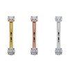 Side-by-side comparison of CZ curved barbell in 14k yellow gold, rose gold, and white gold options