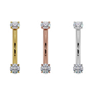 Side-by-side comparison of CZ curved barbell in 14k yellow gold, rose gold, and white gold options