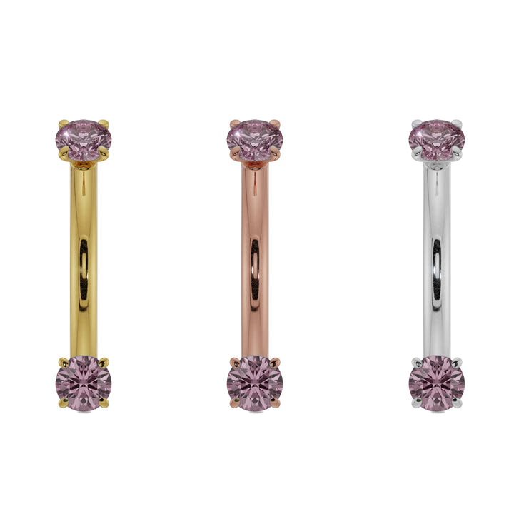16G (1.2mm) 14K Yellow  Gold dainty pink sapphire prong 14k gold curved barbell