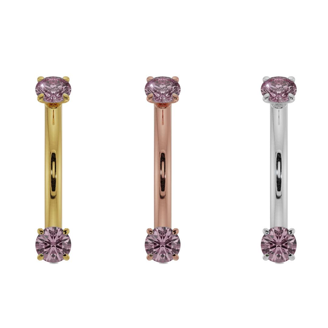 16G (1.2mm) 14K Yellow  Gold dainty pink sapphire prong 14k gold curved barbell