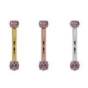 Pink sapphire curved barbell in all three 14k gold colors: yellow, rose, and white, side by side