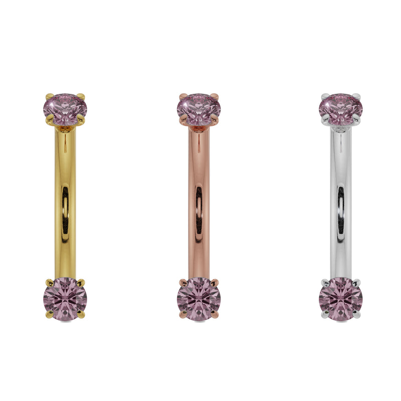 Pink sapphire curved barbell in all three 14k gold colors: yellow, rose, and white, side by side