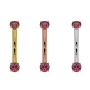 Ruby prong-set curved barbell in all three metal options: 14k yellow, rose, and white gold side by side