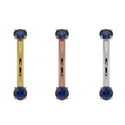 Blue sapphire prong-set curved barbell in all three 14K gold options: yellow, rose, and white gold
