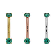 Emerald prong-set curved barbell in all three 14K gold colors: yellow, rose, and white gold