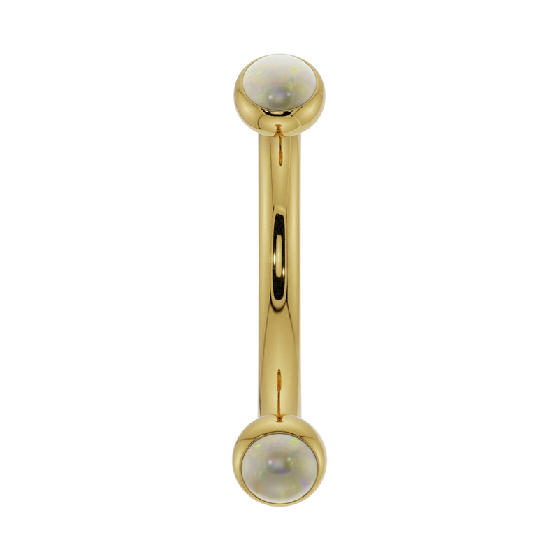 14k yellow gold opal bezel-set curved barbell with iridescent 2mm opal ends, front view