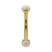 14k yellow gold pearl bezel-set curved barbell, front view showing dual pearl ends