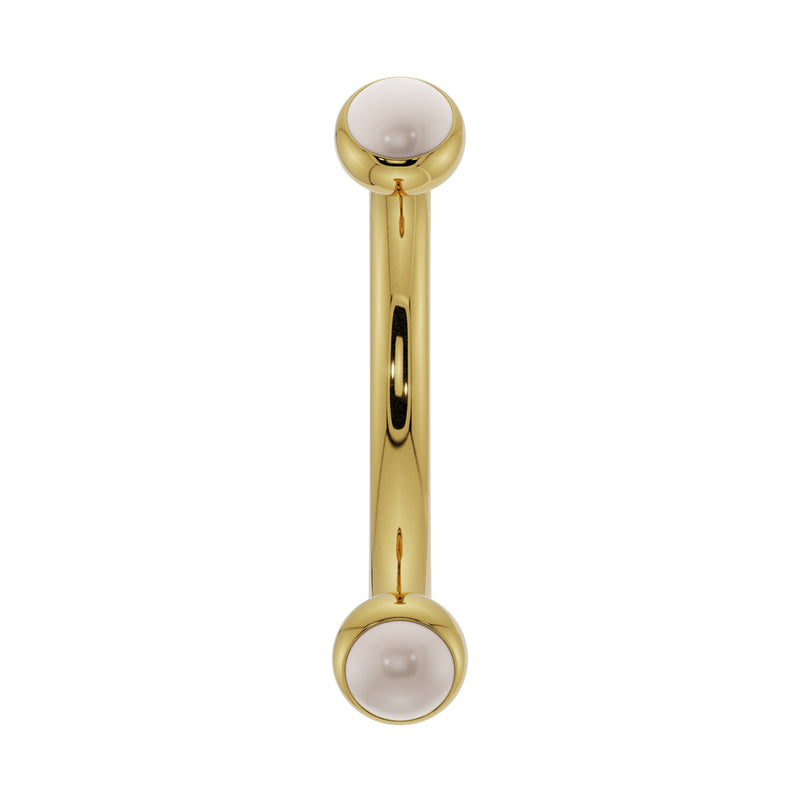 14k yellow gold pearl bezel-set curved barbell, front view showing dual pearl ends