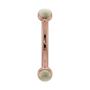 14k rose gold opal bezel-set curved barbell with iridescent 2mm opal ends, front view