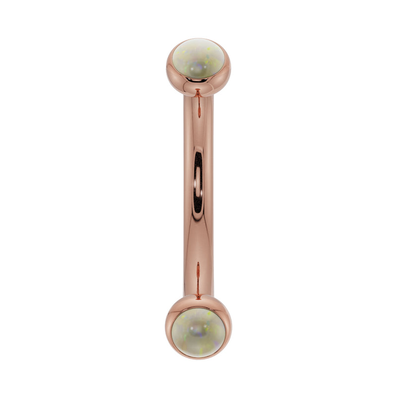 14k rose gold opal bezel-set curved barbell with iridescent 2mm opal ends, front view