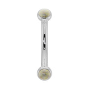 14k white gold opal bezel-set curved barbell with iridescent 2mm opal ends, front view