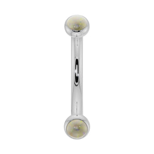 14k white gold opal bezel-set curved barbell with iridescent 2mm opal ends, front view