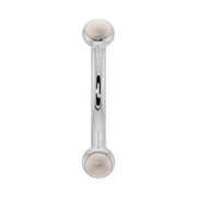 14k white gold pearl bezel-set curved barbell, front view with cool-toned finish
