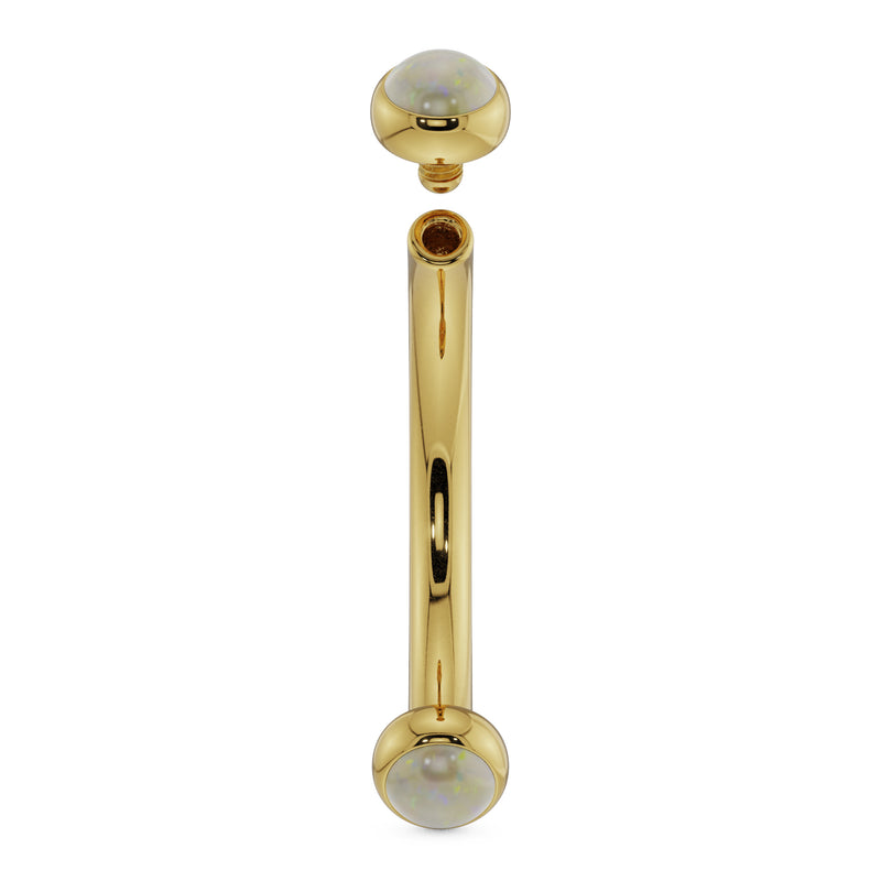 14k yellow gold opal curved barbell with top ball removed, showing threaded post and screw-off end