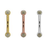 Opal bezel curved barbell shown in all three 14k gold options: yellow, rose, and white gold