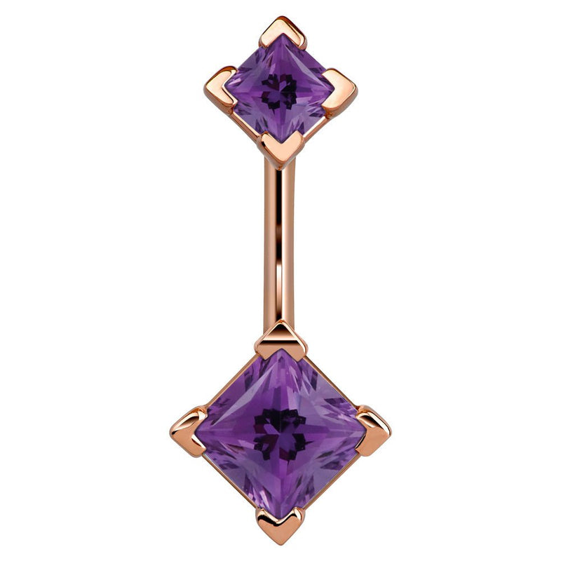14k rose gold navel ring with double purple princess-cut CZ gems in four-prong settings, front view