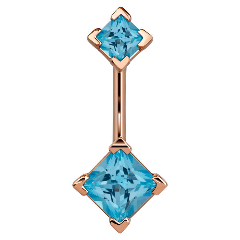 14k rose gold navel ring with double light blue princess-cut CZ gems in four-prong settings, front view
